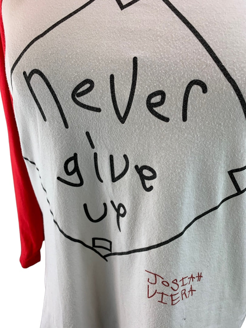 Medium "Never Give Up" Women's Red White Raglan Baseball Style Jersey Tshirt