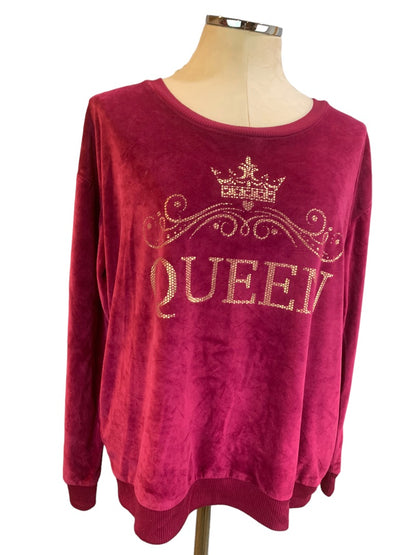 Large Place Women's "Queen" Raspberry Velour Pullover Shirt