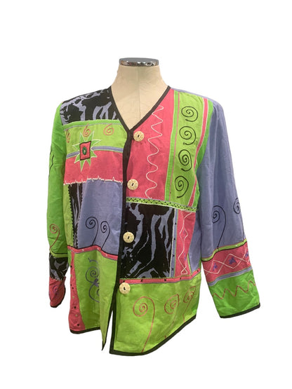 Small Petite Women's Oversize Patchwork Artsy Jacket Lightweight Button Up