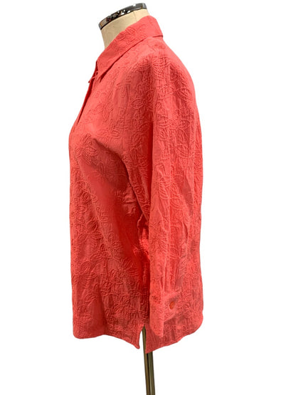 Medium Petite Women's Casual Coral 3/4 Sleeve Embroidered Button Up Blouse