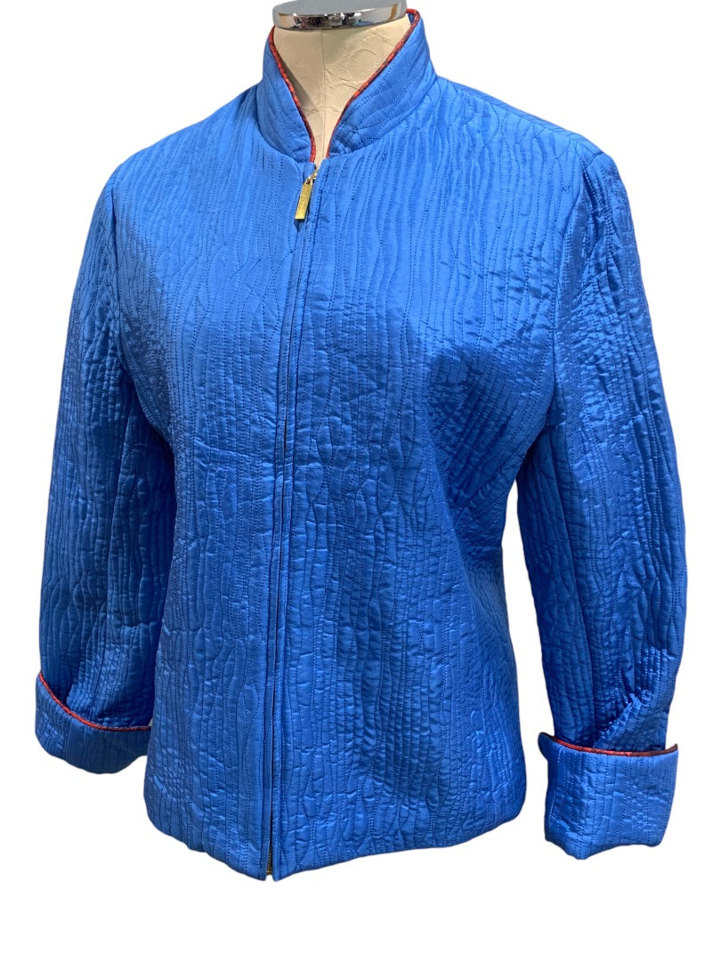 Large Carol Little Women's Blue Quited Silk Full Zip Jacket