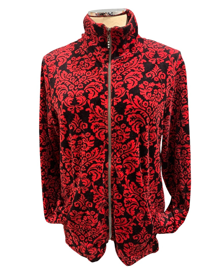 Large Onque Casuals New Women's Y2K Velour Zip Up Jacket Red Black Ornate Pattern