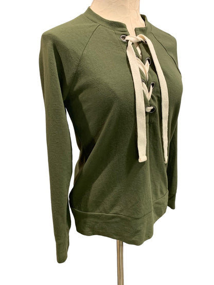 XS A.N.A. Women's Olive Green Lace Up Neckline Lightweight Sweatshirt