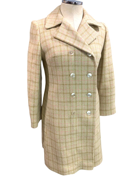 Small Vintage 1960s Cream Plaid Pink Green Overcoat Union Label Double Breasted