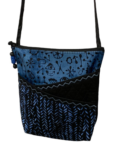 Crossbody Purse Bag Blue Black Boho Print Exterior and Interior Pockets