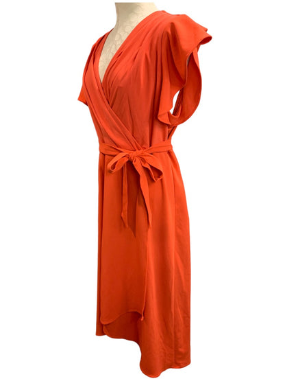 Size 16 DKNY New Wrap Style Orange Ruffle Sleeve Dress Knee Length