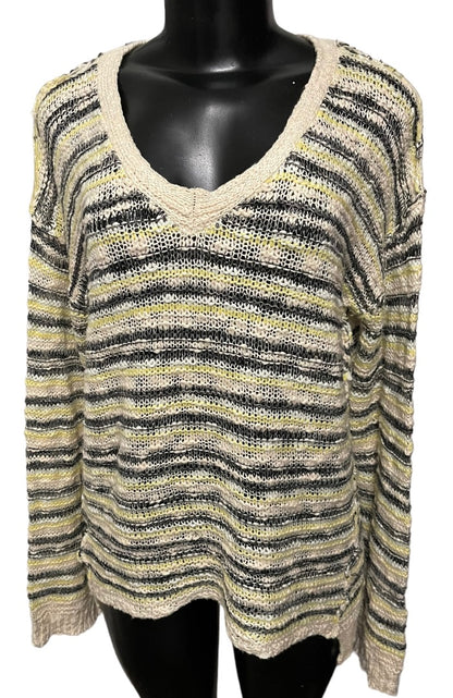 Medium Vintage Havana Loose Knit Yellow Gray Striped Sweater V-Neck