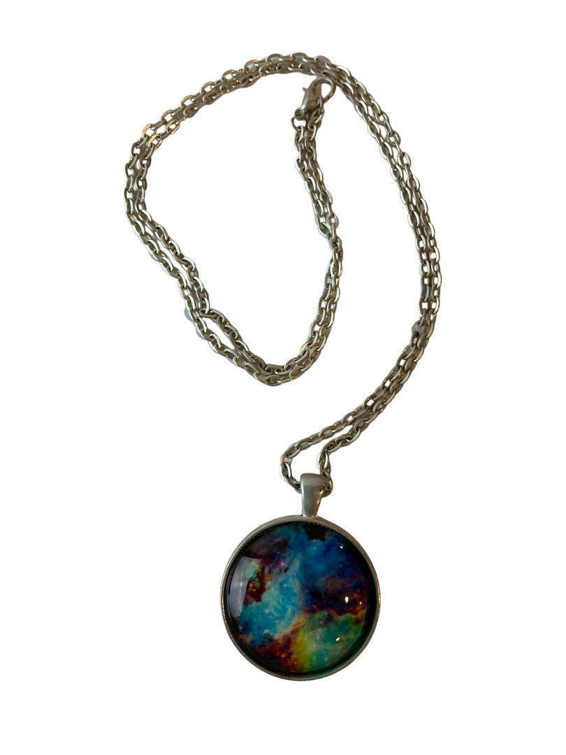 Silvertone Pendant Necklace Galaxy Pattern 24" Chain 1.25" Pendant