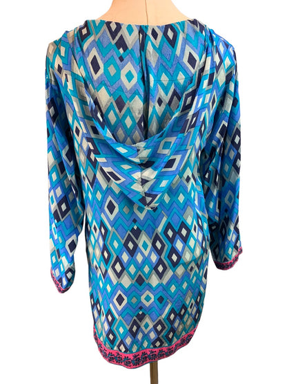 Small Tolani Women's Slightly Sheer Silk Hooded Pullover Tunic Blouse Boho Print