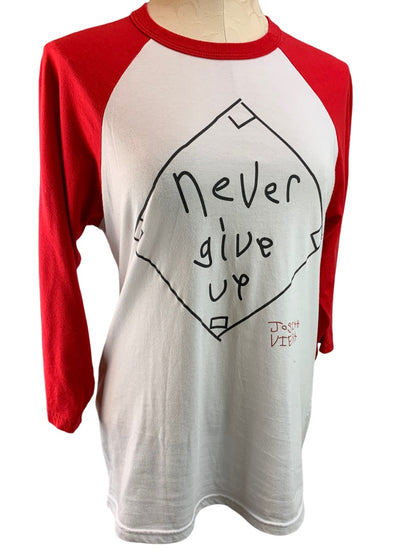 Medium "Never Give Up" Women's Red White Raglan Baseball Style Jersey Tshirt