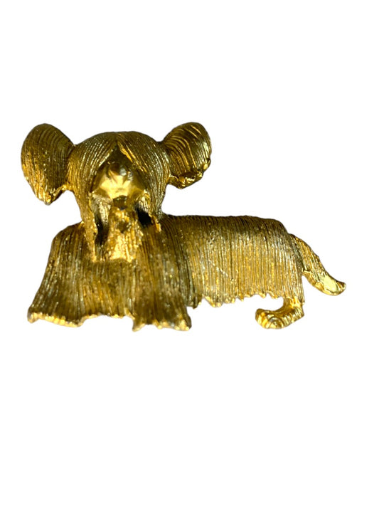 Vintage Terrier Dog Brooch, Long Haired Dog Pin, Rhinestone Collar, Gold Plated, 1980s Vintage Jewelry