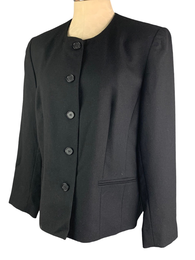 14P Talbots Petites Women's Black Wool Round Neck Button Up Blazer