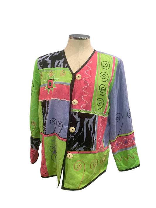 Small Petite Women's Oversize Patchwork Artsy Jacket Lightweight Button Up