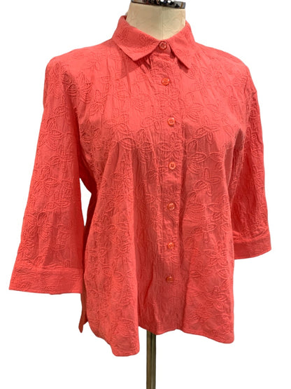 Medium Petite Women's Casual Coral 3/4 Sleeve Embroidered Button Up Blouse