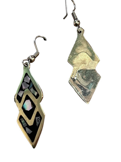 Silver Onyx & Abalone Inlay Drop Earrings 925 Silver