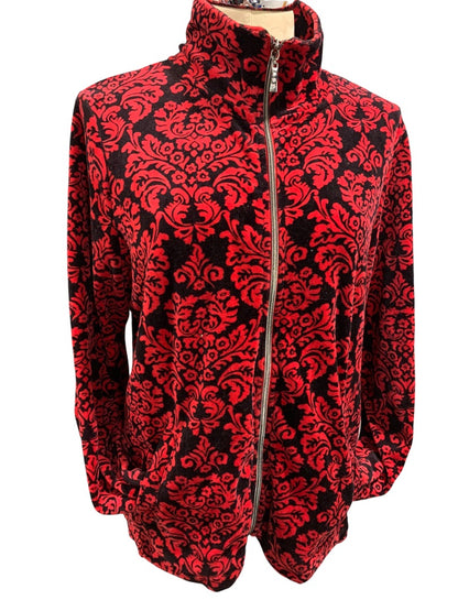 Large Onque Casuals New Women's Y2K Velour Zip Up Jacket Red Black Ornate Pattern