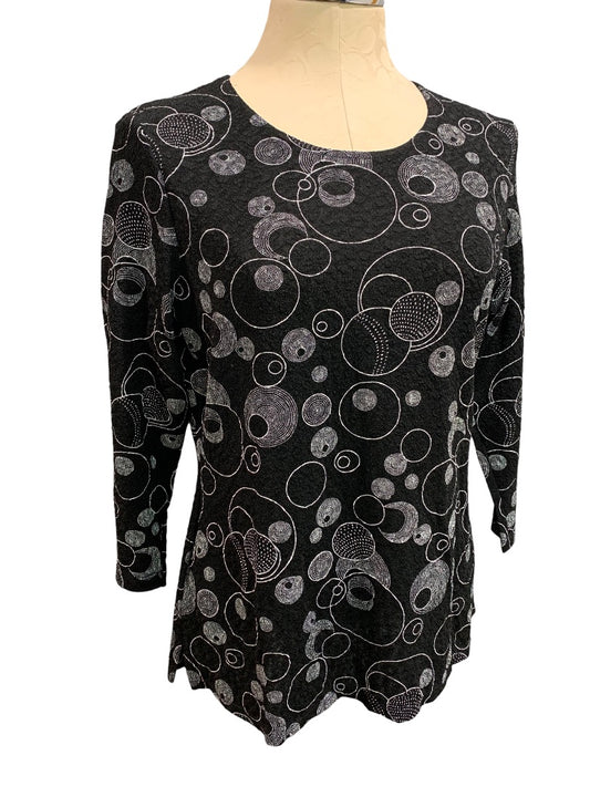 Large Notations Travel Knit Women's Black Pullover Top 3/4 Sleeve Circle Pattern Y2K