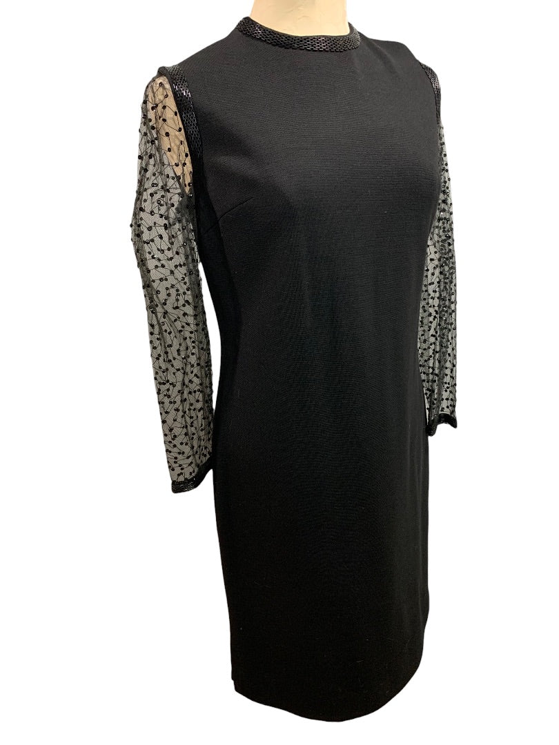 St. Andrews Vintage 1960's Sheer Sleeve Sheath Dress Black Zephyr Wool