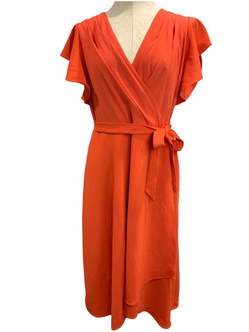 Size 16 DKNY New Wrap Style Orange Ruffle Sleeve Dress Knee Length