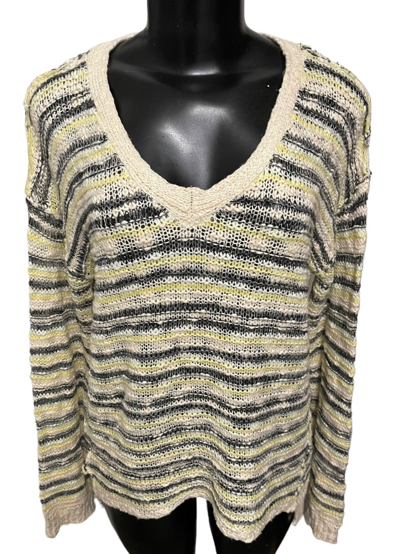 Medium Vintage Havana Loose Knit Yellow Gray Striped Sweater V-Neck