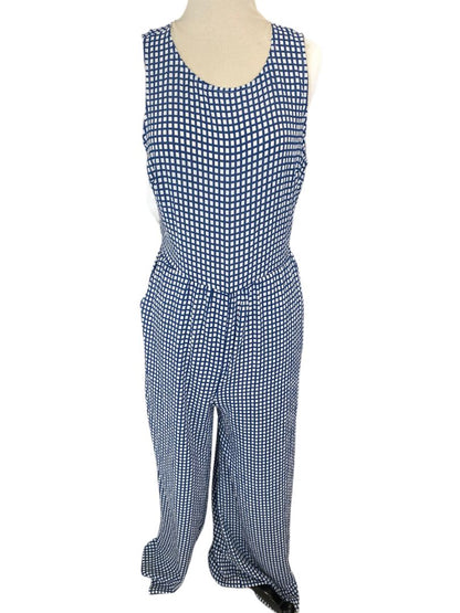 NWT LUSH Check Jumpsuit Medium Blue and White Wide Leg Crepe Sleeveless