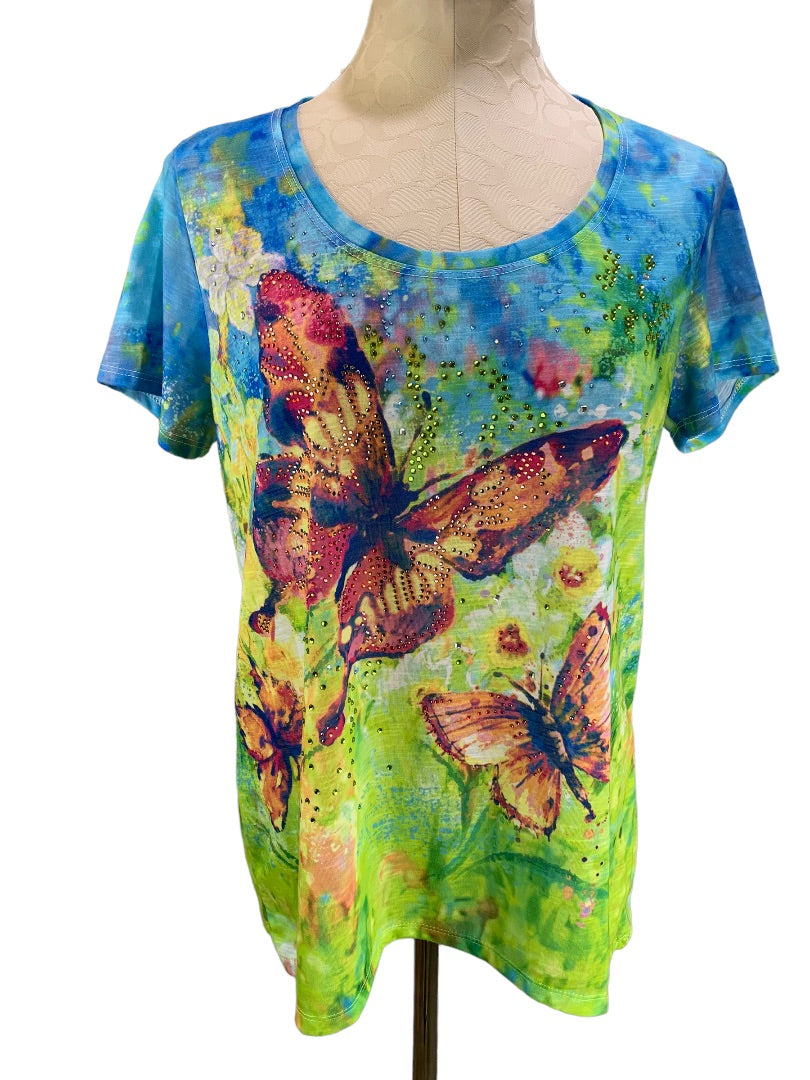 XL Petite Thomas and Olivia Women's Embellished Butterfly Scoop Neck Tshirt