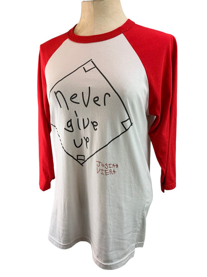 Medium "Never Give Up" Women's Red White Raglan Baseball Style Jersey Tshirt