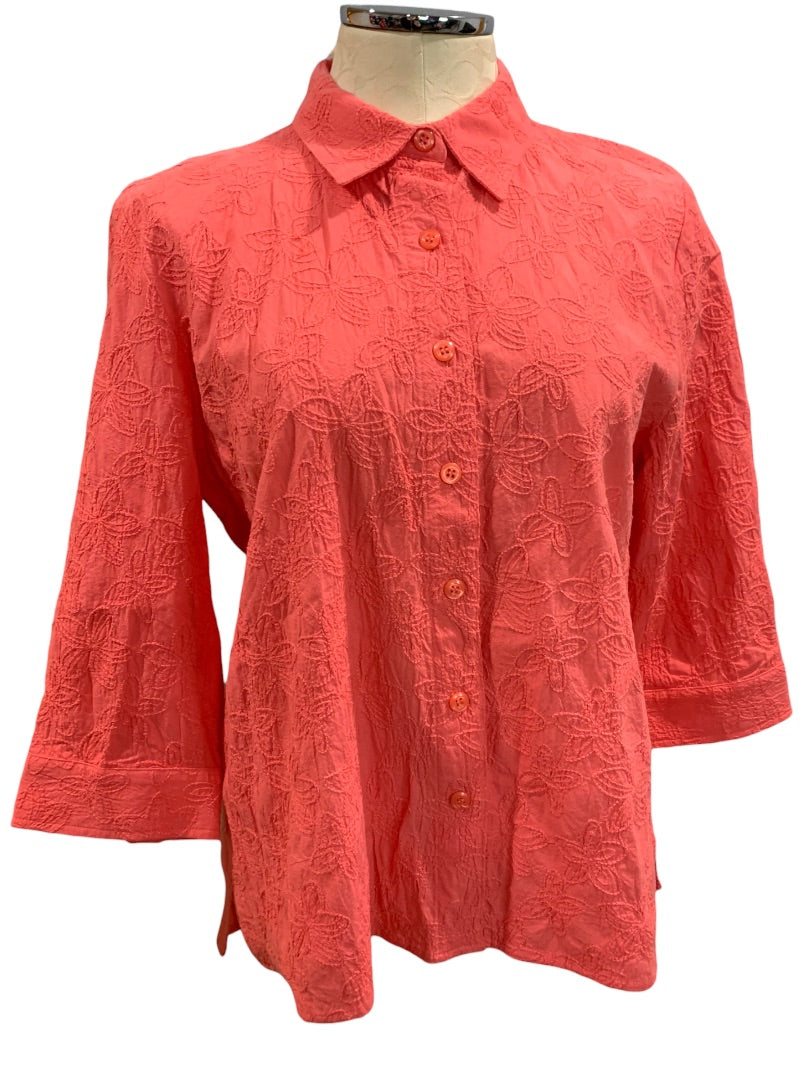 Medium Petite Women's Casual Coral 3/4 Sleeve Embroidered Button Up Blouse