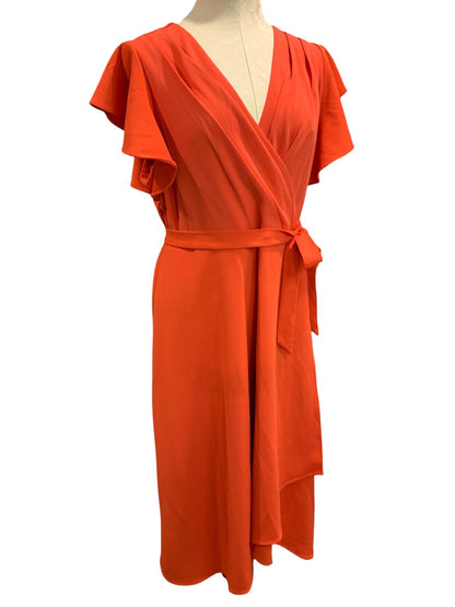 Size 16 DKNY New Wrap Style Orange Ruffle Sleeve Dress Knee Length