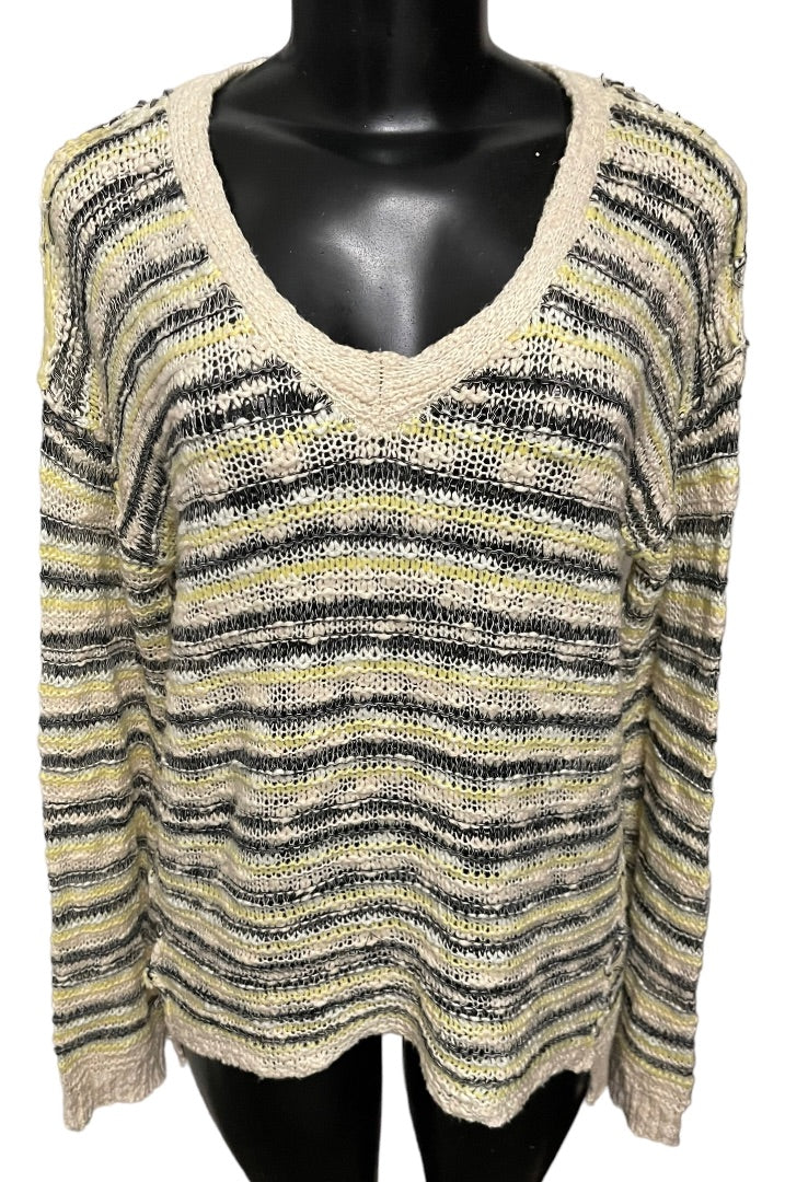 Medium Vintage Havana Loose Knit Yellow Gray Striped Sweater V-Neck