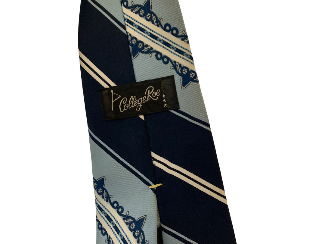 Vintage 1970s Men's 58" Necktie College Roe Blue Retro Stripes Polyester 4"w