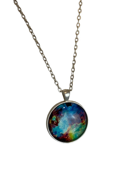 Silvertone Pendant Necklace Galaxy Pattern 24" Chain 1.25" Pendant