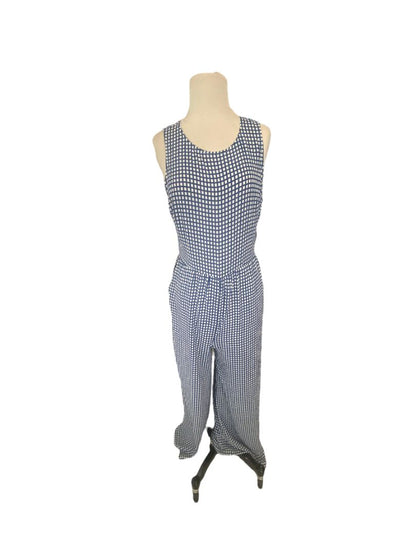 NWT LUSH Check Jumpsuit Medium Blue and White Wide Leg Crepe Sleeveless