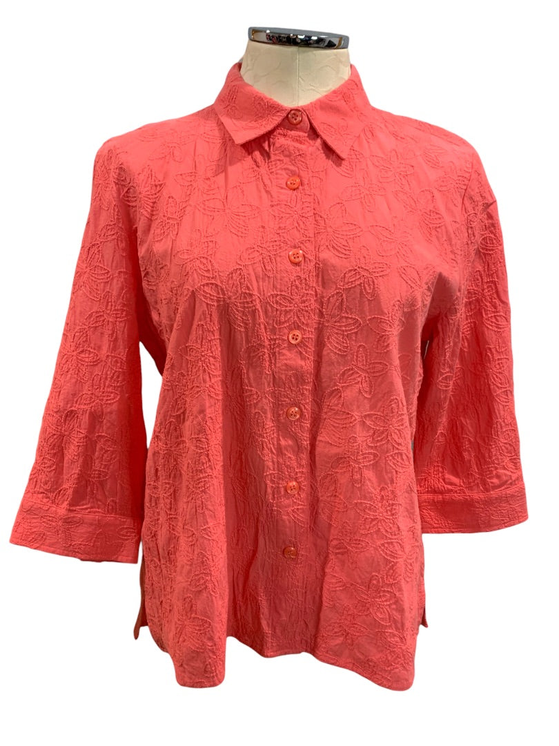 Medium Petite Women's Casual Coral 3/4 Sleeve Embroidered Button Up Blouse