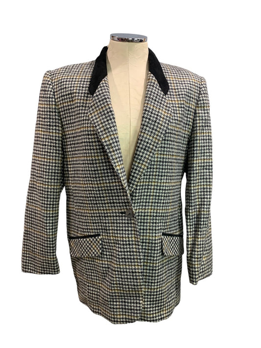 Size 8 Chemistry Brand Women's 1990s Vintage Houndstooth Blazer Suede Collar