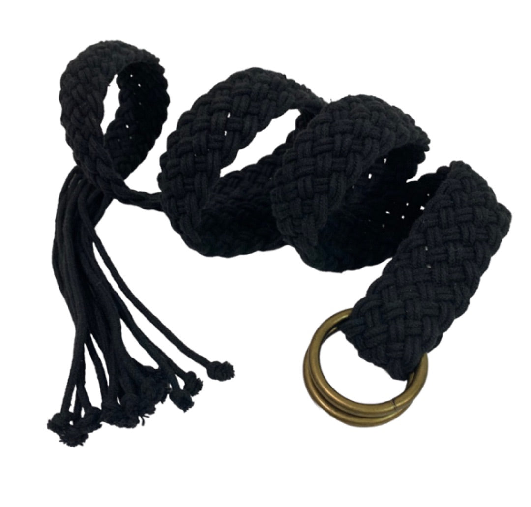 Size 14P Petite Women's Vintage Black Woven Belt Adjustable O-Ring to 44"