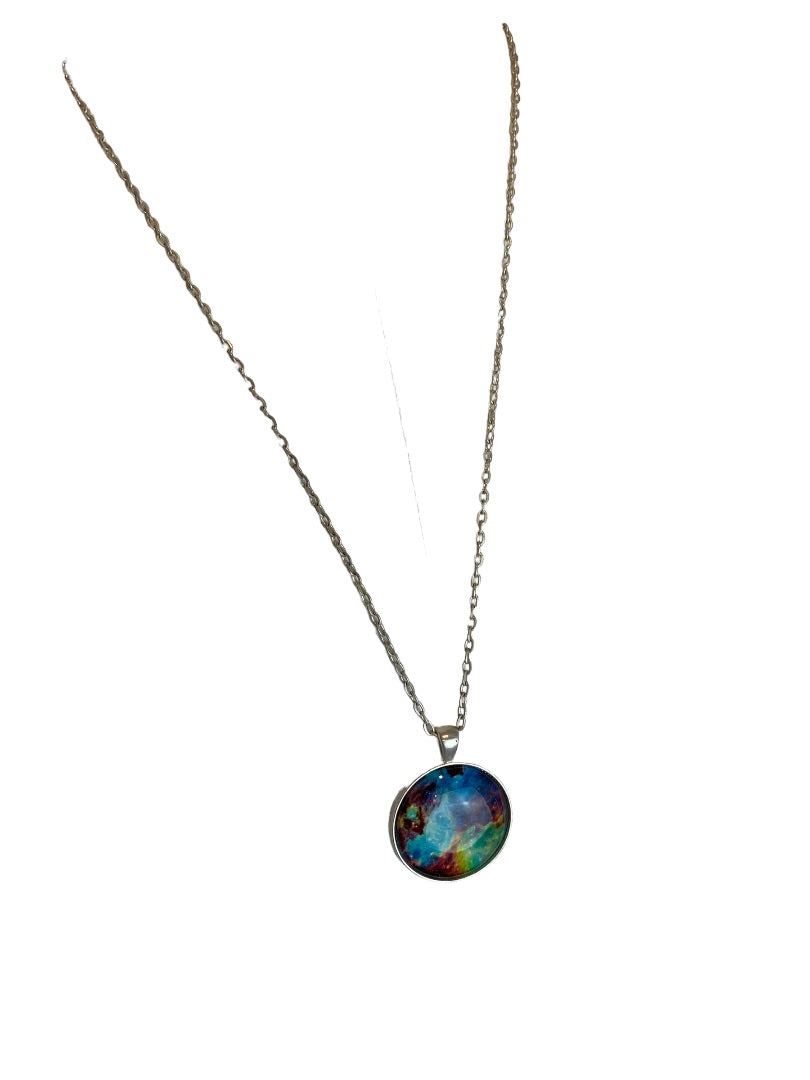 Silvertone Pendant Necklace Galaxy Pattern 24" Chain 1.25" Pendant