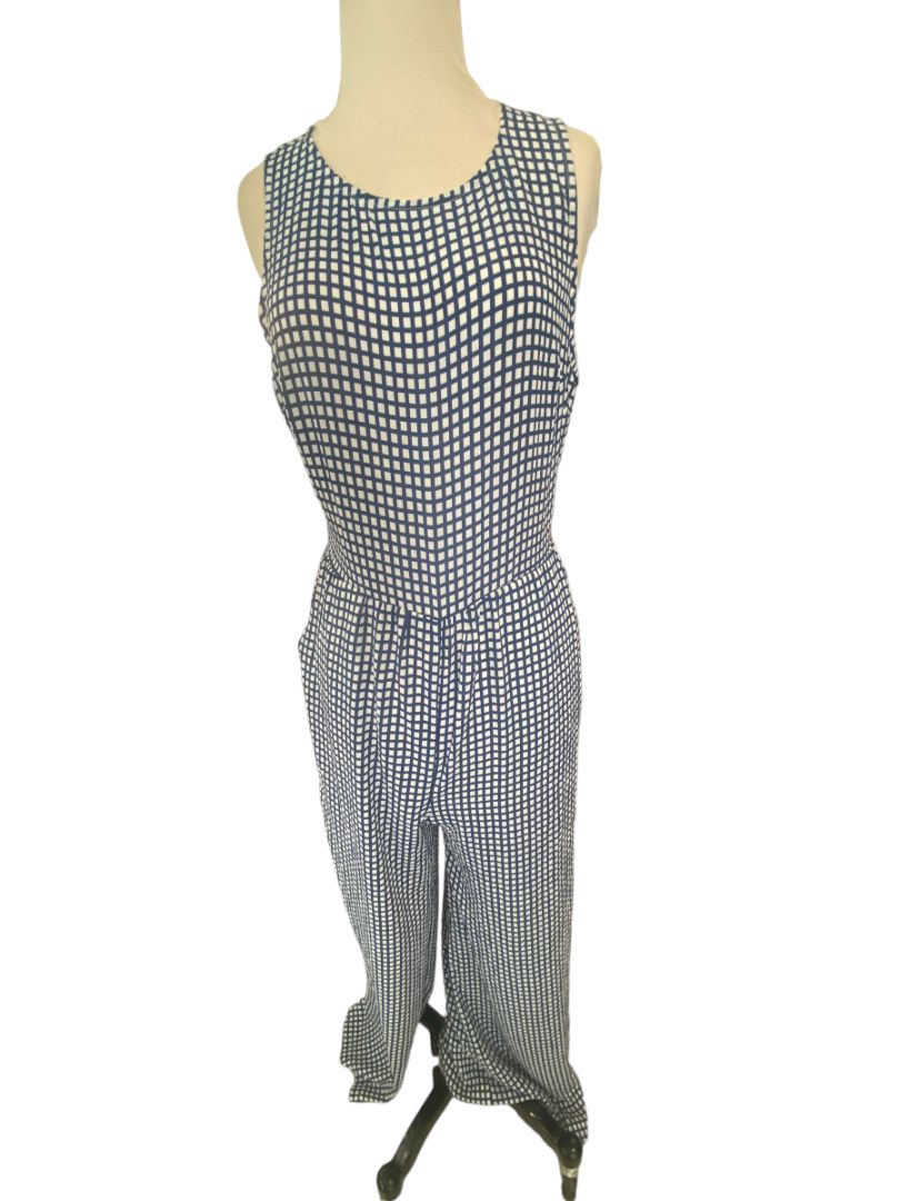 NWT LUSH Check Jumpsuit Medium Blue and White Wide Leg Crepe Sleeveless