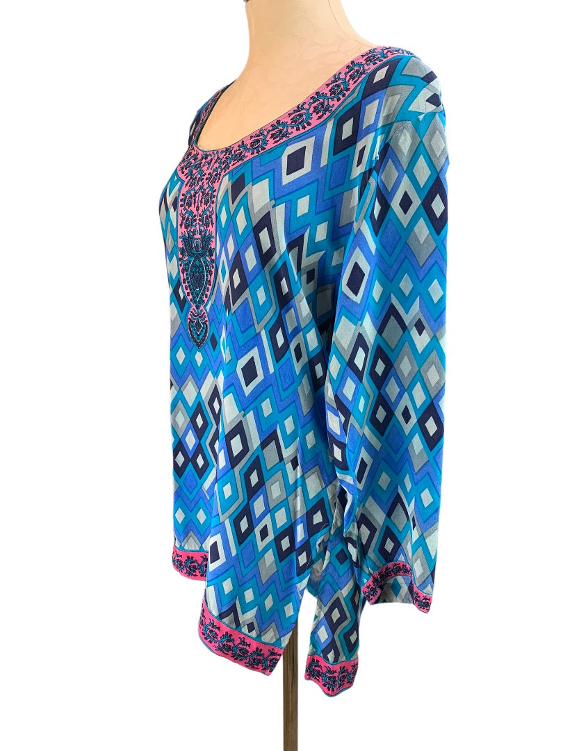 Small Tolani Women's Slightly Sheer Silk Hooded Pullover Tunic Blouse Boho Print