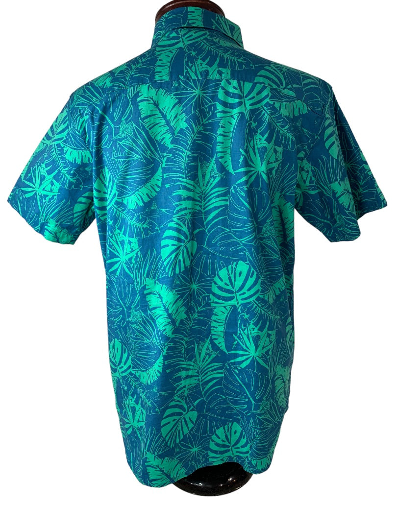 Medium Columbia Men's Tropical Print Short Sleeve Button Up Blue Rapid Rivers