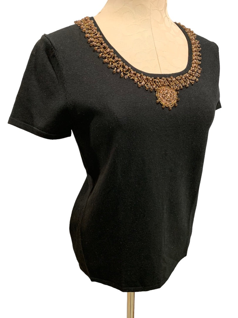 Medium Willi Smith Women's Black Silk Blend Embellished Short Sleeve Sweater