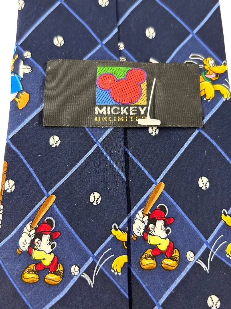 Mickey Unlimited Men's Silk Necktie New Navy Blue Baseball Disney Characters 59" Tie