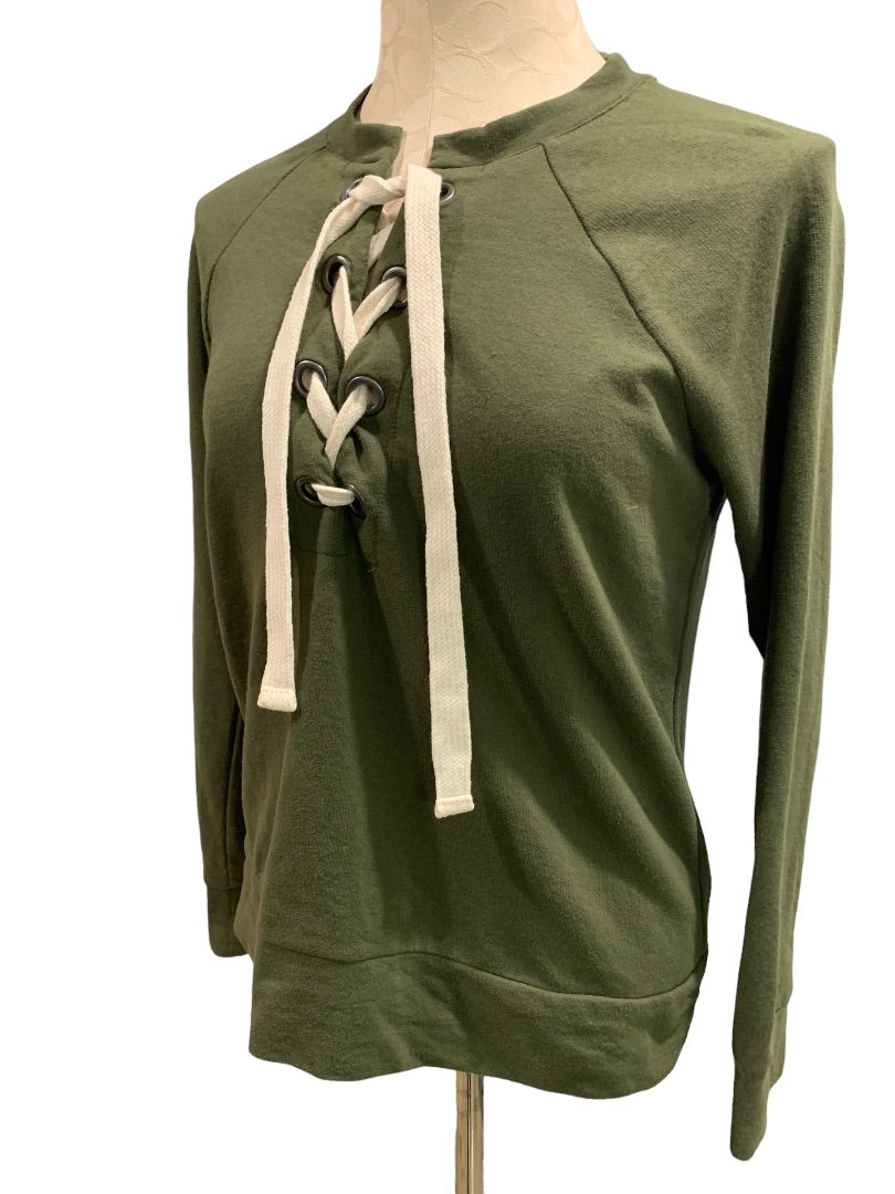 XS A.N.A. Women's Olive Green Lace Up Neckline Lightweight Sweatshirt