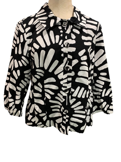 Medium Chico's Black White Pattern Women's Jacket 3/4 Sleeve Button Up