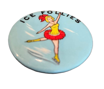 Vintage 1950s Ice Follies Extended Pinback Ice Skater Blue 1.75" Diameter