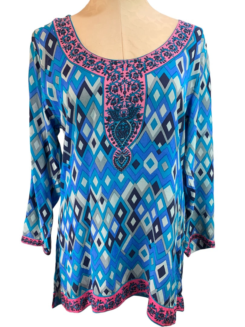 Small Tolani Women's Slightly Sheer Silk Hooded Pullover Tunic Blouse Boho Print