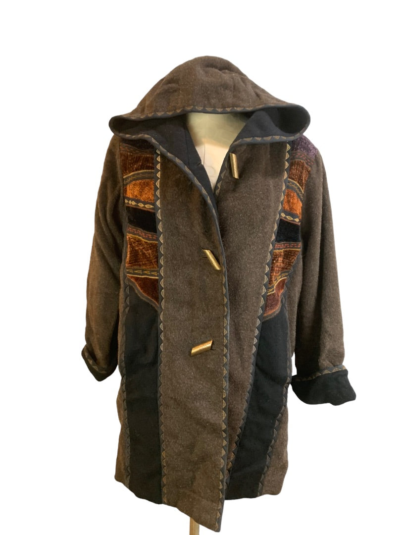 Small Sarmite Wearable Art Women's Hooded Brown Winter Coat Jacket