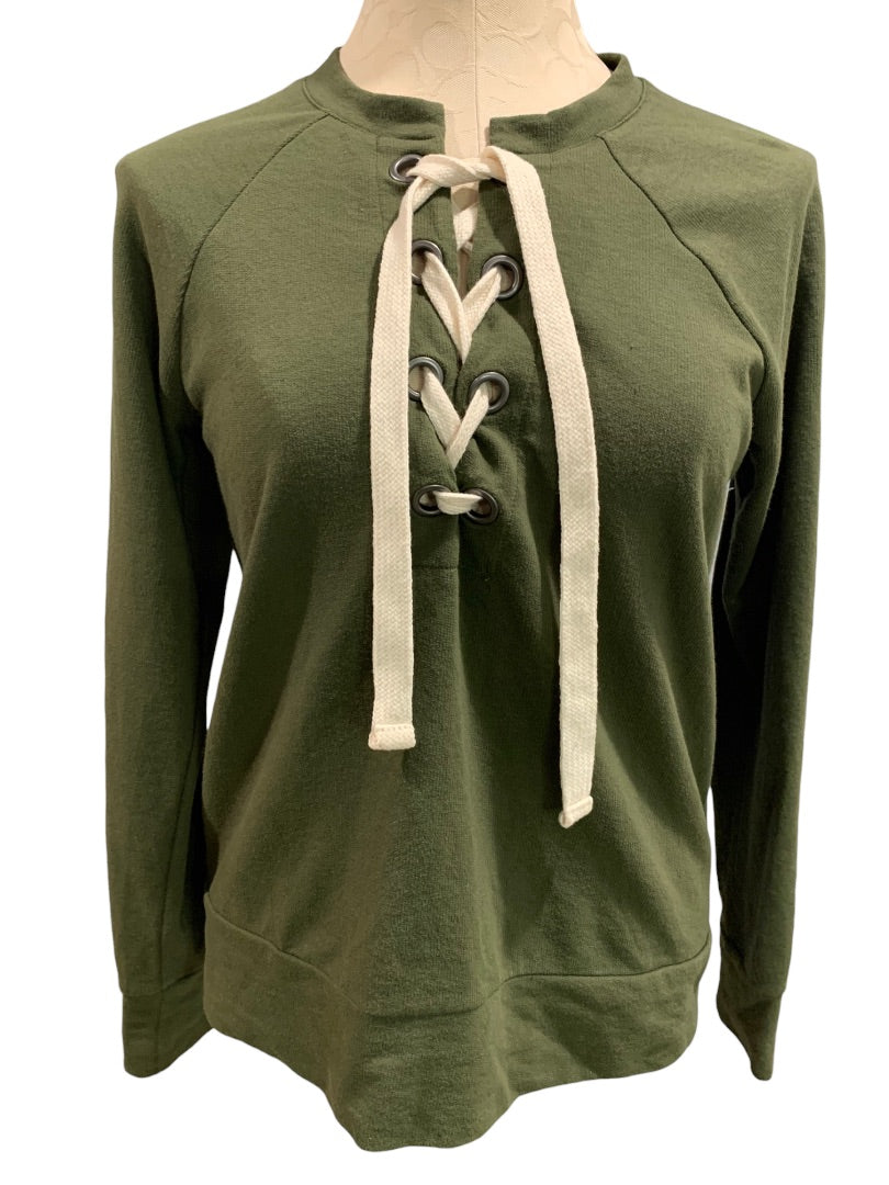 XS A.N.A. Women's Olive Green Lace Up Neckline Lightweight Sweatshirt