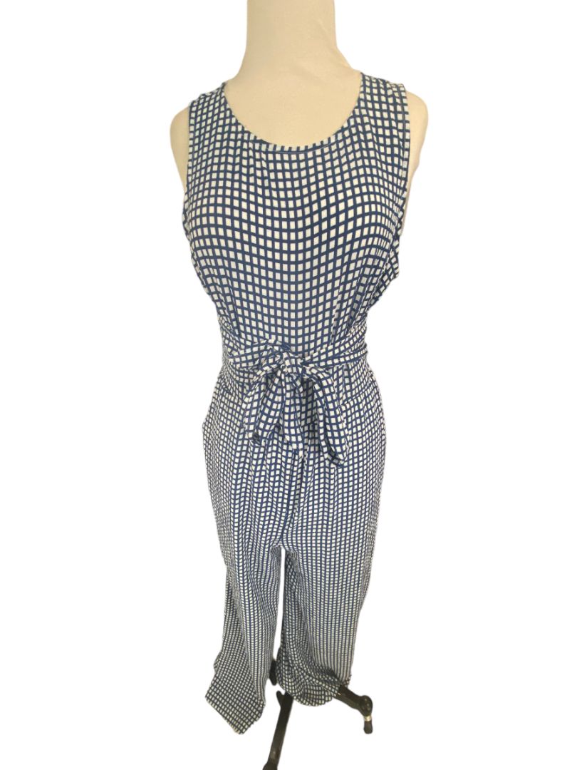 NWT LUSH Check Jumpsuit Medium Blue and White Wide Leg Crepe Sleeveless