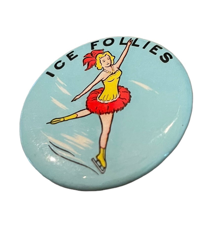 Vintage 1950s Ice Follies Extended Pinback Ice Skater Blue 1.75" Diameter